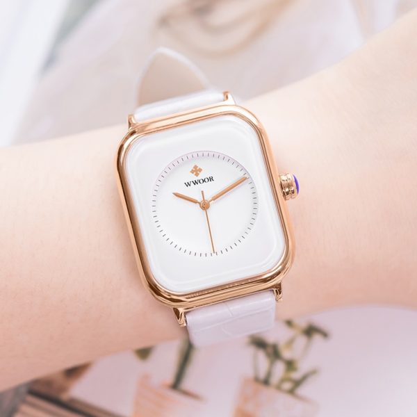 Fashion Women Watches 2021 WWOOR White Leather Minimalist Rectangle Ladies Quartz Dress Wristwatch Relogio Feminino Montre 3