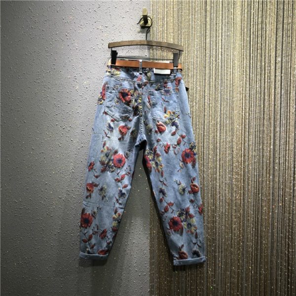 Flower Jeans Woman 2020 Spring New High Waist Loose Harem Pants Personality Printed Denim Trousers Female 1