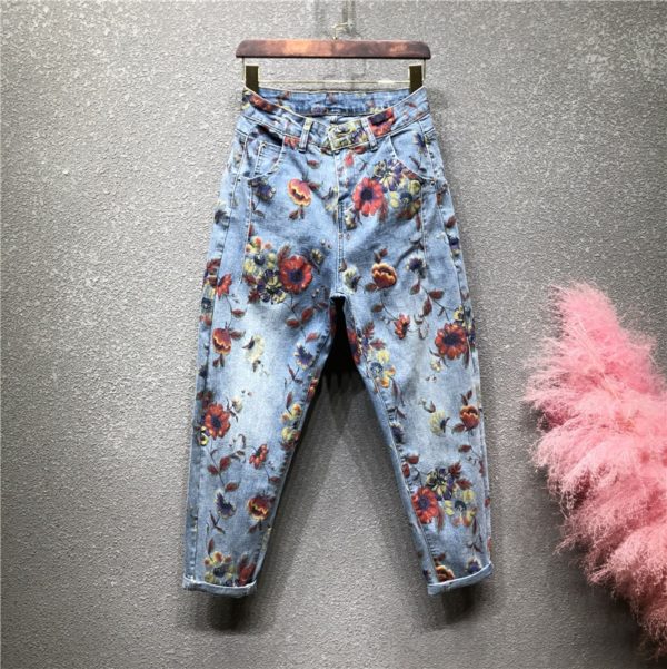 Flower Jeans Woman 2020 Spring New High Waist Loose Harem Pants Personality Printed Denim Trousers Female 2