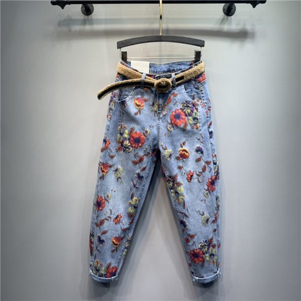 Flower Jeans Woman 2020 Spring New High Waist Loose Harem Pants Personality Printed Denim Trousers Female