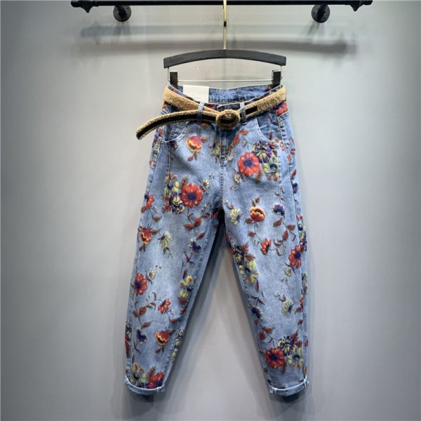 Flower Jeans Woman Spring New High-Waist Loose Harem Pants Personality Printed Denim Trousers Female Jeans Pants Femme - Image 2