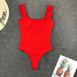 Sexy Female Swimsuit Vintage One Piece Ruffled Push Up Solid Red Swimwear Women Monokini Padded Bathing Suits