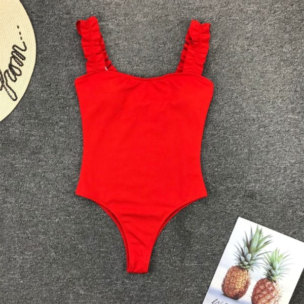 Gossina 2021 New Sexy Female Swimsuit Vintage One Piece Ruffled Push Up Solid Red Swimwear Women 2