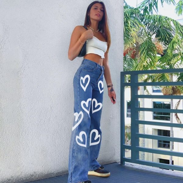 Heart Printed Brown Baggy Jeans For Girls Harajuku High Waist Trousers Aesthetic Straight Denim Pants Women Streetwear - Image 5