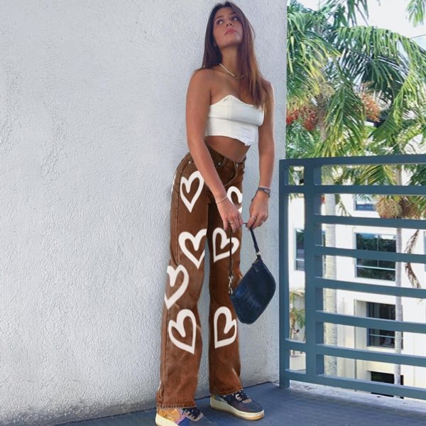 Heart Printed Brown Baggy Jeans For Girls Harajuku High Waist Trousers Aesthetic Straight Denim Pants Women Streetwear - Image 6