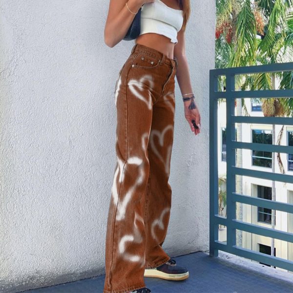 Heart Printed Brown Baggy Jeans For Girls Harajuku High Waist Trousers Aesthetic Straight Denim Pants Women Streetwear