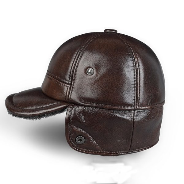 Quality Genuine Leather Hats Winter First Layer Cowhide Warm Earmuffs Bomber Caps Plus Velvet Thicken Man Bone Caps Dad Hat - Image 2