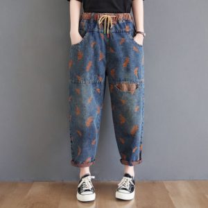 High Waist Boyfriend Jeans For Women Spring Fashion Streetwear Vintage Print Loose Female Denim Harem Pants S3731