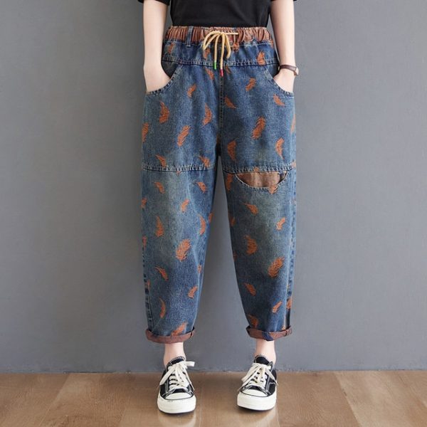 High Waist Boyfriend Jeans For Women Spring Fashion Streetwear Vintage Print Loose Female Denim Harem Pants S3731