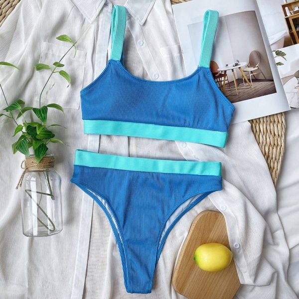 High Waist Bikinis Swimsuits Push Up Swimwear Women Splicing Biquini Beachwear Sports Ribbed Bathing Suits New