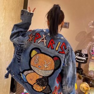 Ladies Denim Jacket New Hot Diamond Heavy Industry Bear Coat Fashion Coat