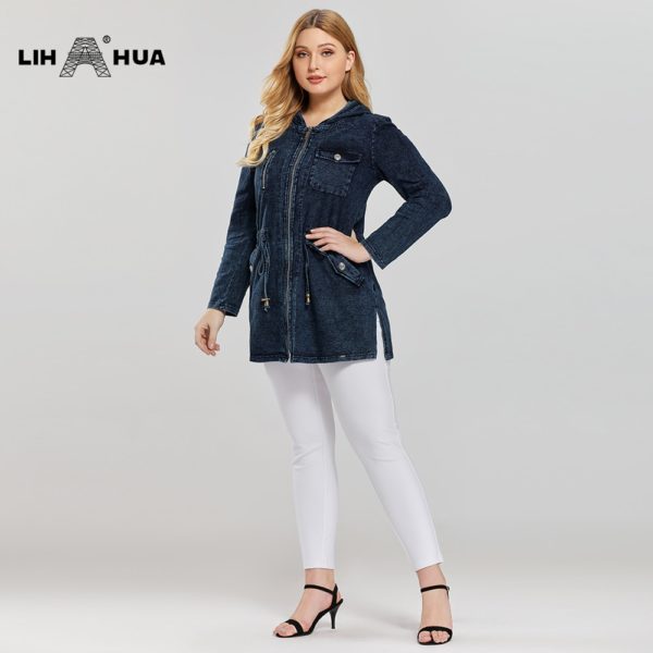 LIH HUA Women s Denim Jacket Plus Size Casual Long Style for Woman Premium Stretch Cotton 1