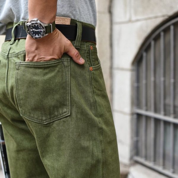 Olive Green Selvedge Denim Jeans Men Washed Slim Fit 14 Oz Zipper Fly - Image 2