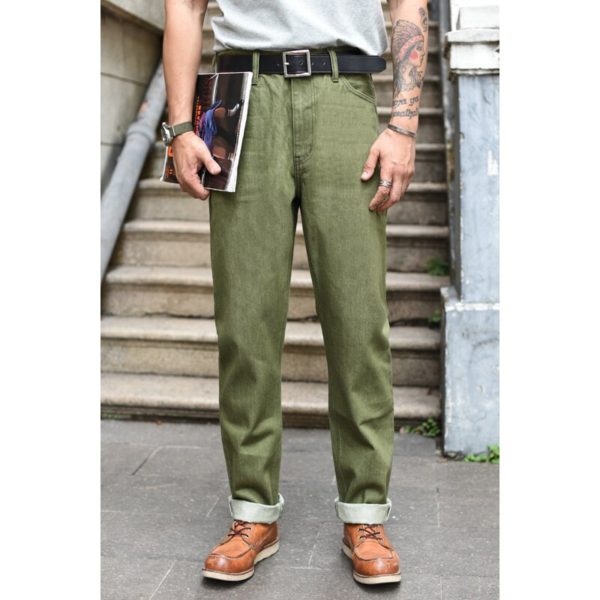 Olive Green Selvedge Denim Jeans Men Washed Slim Fit 14 Oz Zipper Fly - Image 3