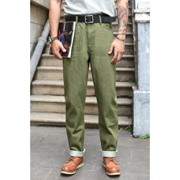 Men Jeans Vulcanization Olive Green 107 Selvedge Denim Jeans Men washed Slim Fit 14 Oz Zipper 2