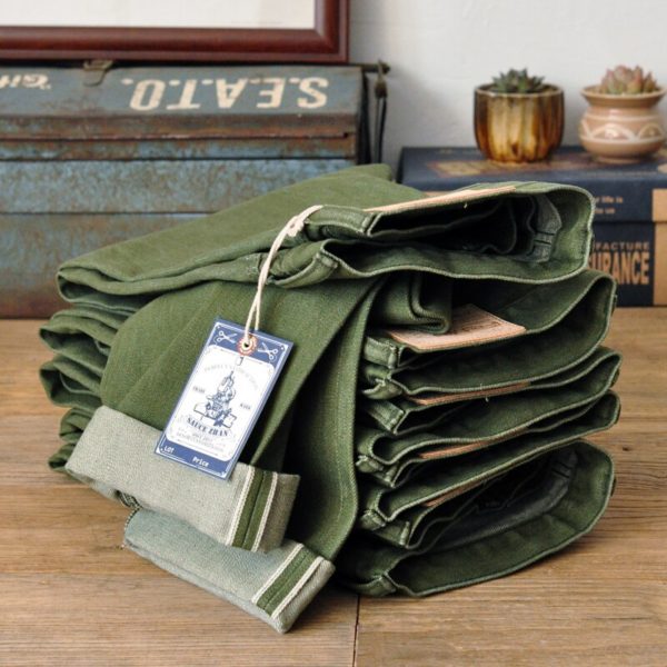Olive Green Selvedge Denim Jeans Men Washed Slim Fit 14 Oz Zipper Fly - Image 4