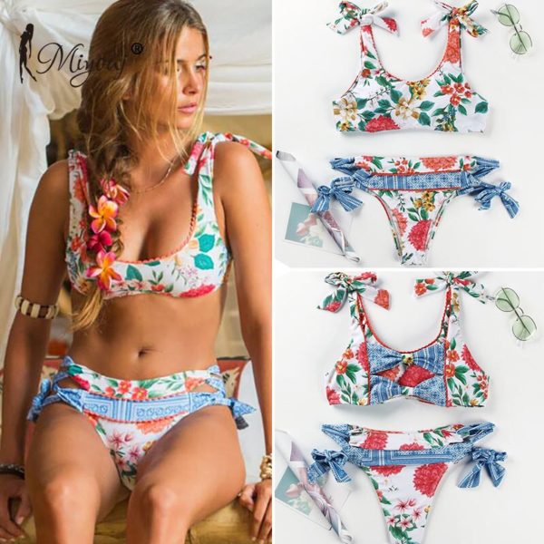 Miyouj Deep V Neck Bikinis Floral Print Swimsuit Biquinis Feminino NEW Bow Swimwear Lace Up Bikini 3