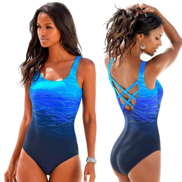 Mujer Mayo Push Up Swimwear Criss Cross Back One piece Beach Bathing Suit Gradient Print Plavky