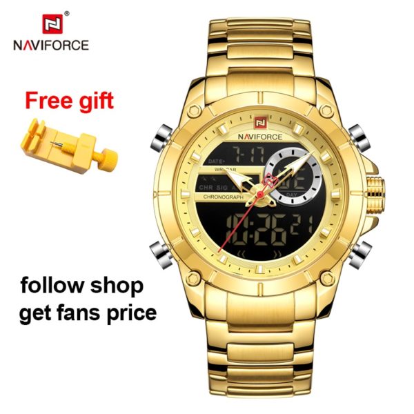 NAVIFORCE Men Military Sport Wrist Watch Gold Quartz Steel Waterproof Dual Display Male Clock Watches Relogio 1