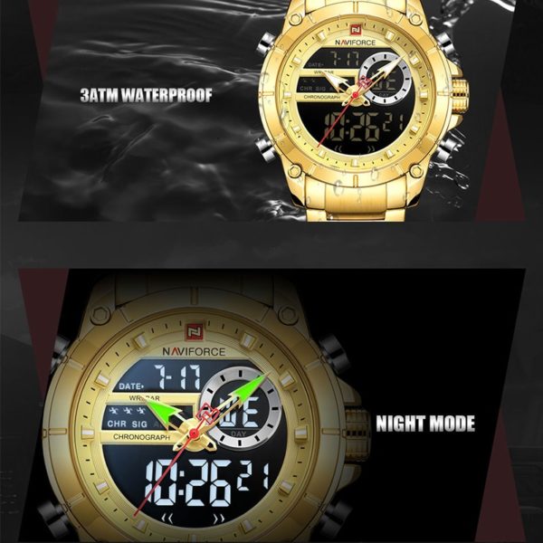 NAVIFORCE Men Military Sport Wrist Watch Gold Quartz Steel Waterproof Dual Display Male Clock Watches Relogio 2