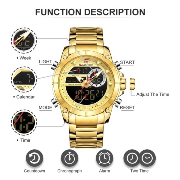 NAVIFORCE Men Military Sport Wrist Watch Gold Quartz Steel Waterproof Dual Display Male Clock Watches Relogio 3
