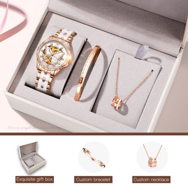 OLEVS Mechanical Women Watch Fashion Switzerland Luxury Brand Ladies WristWatch Automatic Ceramic Hollow Design montre femme 1