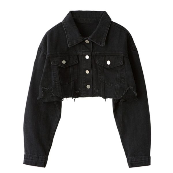 Autumn Women Denim Jacket Fashion Streetwear Casual Loose Outwear Black Short Ripped Jeans Jacket Coat Cotton