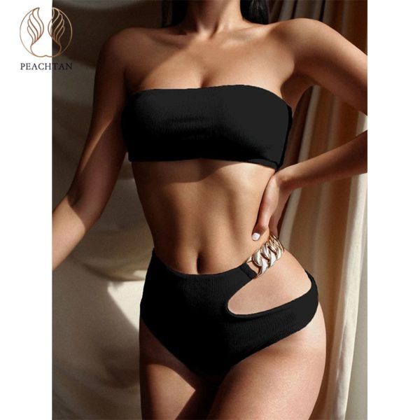 Peachtan Solid bikini High waist swimwear female Chain swimsuit women Bandeau 2 pieces set Sports bathing suit Ribbed new - Image 4