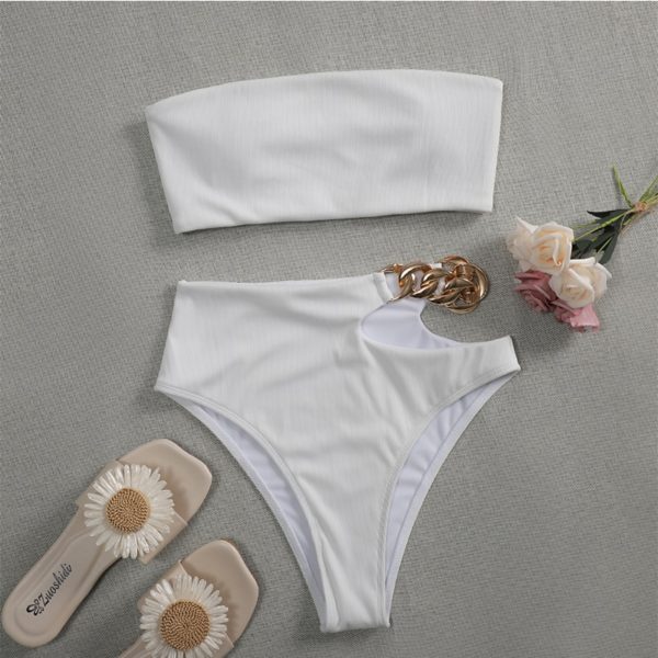 Peachtan Solid bikini High waist swimwear female Chain swimsuit women Bandeau 2 pieces set Sports bathing suit Ribbed new - Image 3