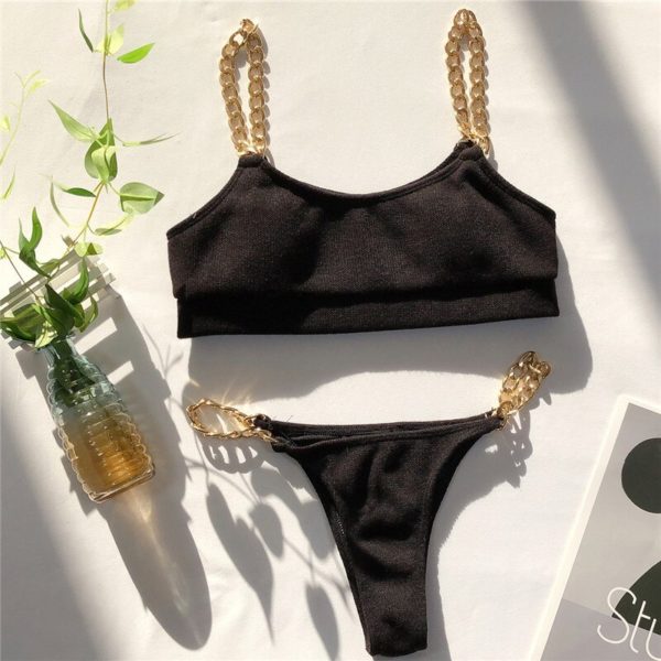Peachtan Solid bikini High waist swimwear female Chain swimsuit women Bandeau 2 pieces set Sports bathing suit Ribbed new - Image 2
