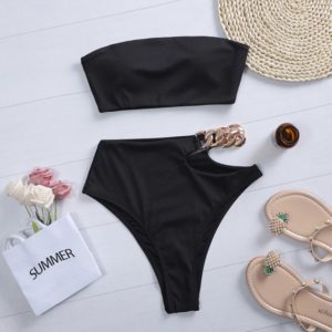 Peachtan Solid bikini High waist swimwear female Chain swimsuit women Bandeau 2 pieces set Sports bathing suit Ribbed new