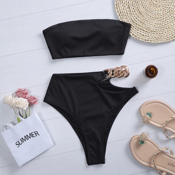 Peachtan Solid bikini High waist swimwear female Chain swimsuit women Bandeau 2 pieces set Sports bathing suit Ribbed new