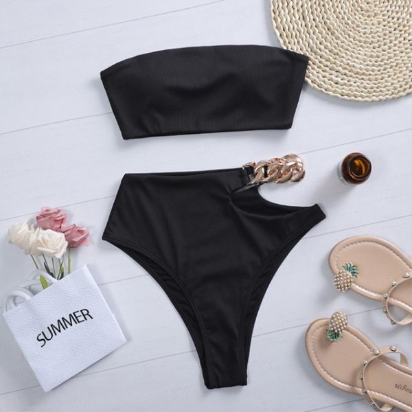 Peachtan Solid bikini 2021 High waist swimwear female Chain swimsuit women Bandeau 2 pieces set