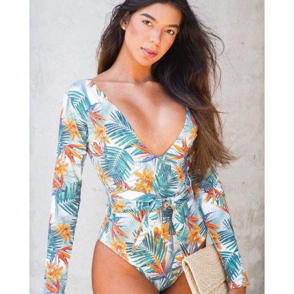 Print Floral One Piece Swimsuit Women Swimwear Monokini Long Sleeve Printed Female Bathing Suit Surfing Bodysuit Swim Wear Beach