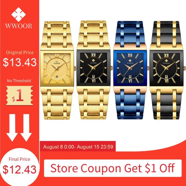 Relogio Masculino WWOOR Gold Watch Men Square Mens Watches Top Brand Luxury Golden Quartz Stainless Steel 1