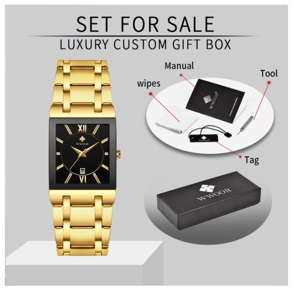 Relogio Masculino WWOOR Gold Watch Men Square Mens Watches Top Brand Luxury Golden Quartz Stainless Steel 5