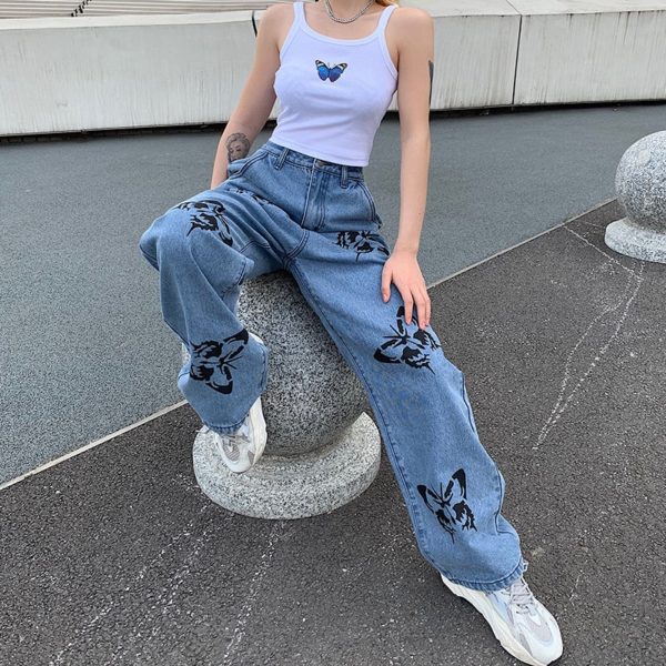 SHENGPALAE 2021 New Summer Vintage Jeans Woman Long Trousers Cowboy Female Loose Streetwear Butterfly Print Pants 1