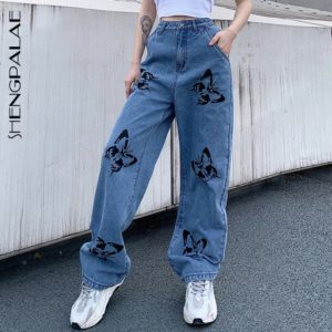 Summer Vintage Jeans Woman Long Trousers Cowboy Female Loose Streetwear Butterfly Print Pants ZA4110