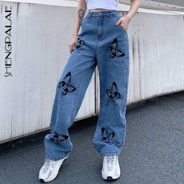 SHENGPALAE 2021 New Summer Vintage Jeans Woman Long Trousers Cowboy Female Loose Streetwear Butterfly Print Pants