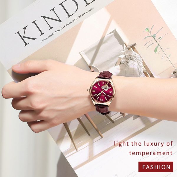 SUNKTA New Rose Gold Wine Red Luxury Quartz Women Watch Waterproof Leather Watches Ladies Watches Clock 2