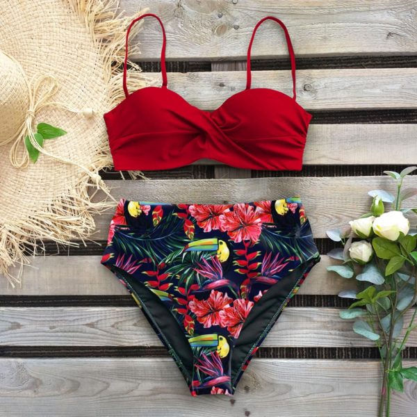 Sexy 2021 Bikini Swimsuit Women Swimwear Push Up Bikinis Set Leaf Print Female High Waist Swimming 2