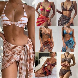 Sexy 3 Piece Bikini Set With Cover Up Beach Dress Tie Dye Push Up Biquini Brazilian Swimwear Women Thong Bikinis Mujer