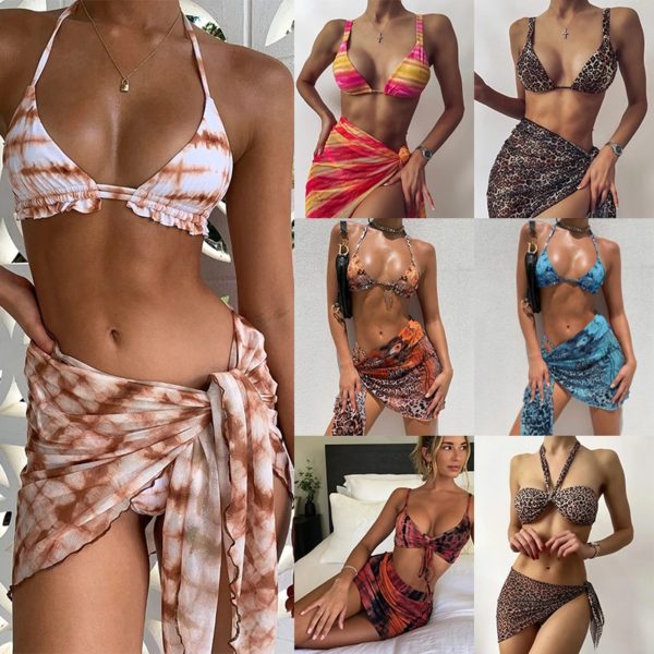 Sexy 3 Piece Bikini Set With Cover Up Beach Dress Tie Dye Push Up Biquini Brazilian Swimwear Women Thong Bikinis Mujer