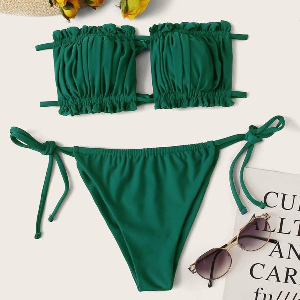 Sexy Bikini 2021 Pleated Bandeau Swimsuit Female Swimwear Women Mini Thong Bikini Set Bather Swimming Beachwear 5