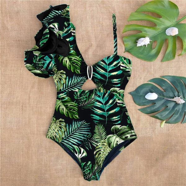 Sexy One Shoulder Ruffle One Piece Swimsuit Print Floral Swimwear Women Swimsuit Bathing Suit Beachwear Monokini - Image 2