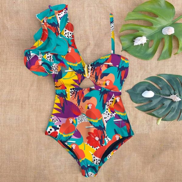 Sexy One Shoulder Ruffle One Piece Swimsuit Print Floral Swimwear Women Swimsuit Bathing Suit Beachwear Monokini - Image 3