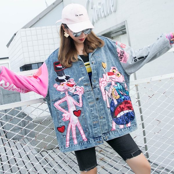 Spring Autumn Fashion Sequins Cartoon Leopard Denim Jackets Loose Lady Streetwear Coats - Image 3