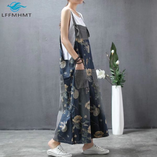 Spring Summer Vintage Floral Print Baggy Loose Casual Denim Pants Wide Leg Ankle Length Jeans Female 1