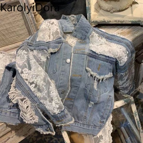 Streetwear Lace Patchwork Jean Hole Denim Jacket Coat Women Oversized Long Sleeve Perspective Flower Embroidery Loose 2