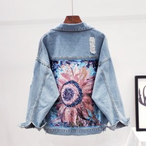 Streetwear Style Print Women's Denim Jacket Coat Diamonds Hole BF Jeans Outwear Female Spring Autumn Casual Loose Cowboy Outwear